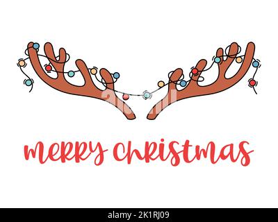 Frohe Weihnachten lustige handgezeichnete Grußkarte. Geweihe und Girlande skizzieren Vektor-Illustration. Isolierte bunte Doodle Hörner von Hirschen und hängenden li Stock Vektor