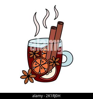 Glühwein-Doodles isoliert. Becher mit traditionellem warmen Wintergetränk mit den Zutaten Zimt, Anise, Orange und Apfel. Weihnachtsurlaub und gemütlich ev Stock Vektor