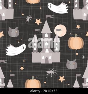 Halloween-Muster. Horrorhintergrund. DARC-Schlösser, Kürbis, Spinnen und Geister. Gruseliger, gruseliger Hintergrund. Dekortextilien, Geschenkpapier. Vektor Stock Vektor