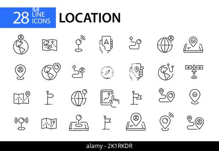 28-zeilige Symbole für den Standort von Kunst. Kartenzeiger, Navigation und Freigabeposition. Pixelgenaue, bearbeitbare Konturlinie Stock Vektor