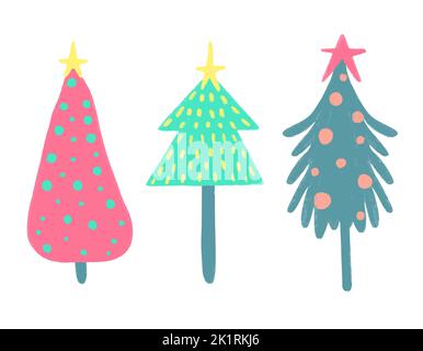 Vektor-Set von Weihnachtsbäumen mit Dekorationen von Weihnachtskugeln. Stock Vektor