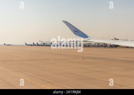 MÜNCHEN, DEUTSCHLAND - 7. SEPTEMBER: Lufthansa Airbus-Flügel mit angedockten United-Flugzeugen am 7. September 2022 in Denver, USA Stockfoto