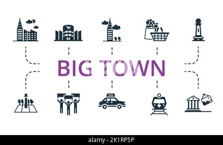 Big Town Set-Ikone. Editierbare Symbole Großstadtthema wie Wolkenkratzer, Taxi, Platz und mehr. Stock Vektor