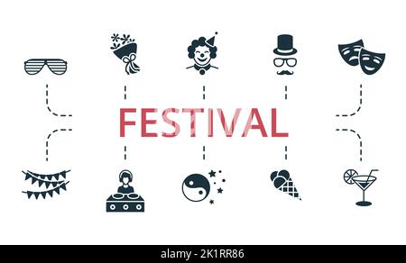 Symbol für Festspielset. Editierbare Symbole Festival Thema wie harmonisch, Blumenstrauß, Clown und mehr. Stock Vektor