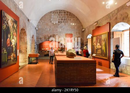 Xolos, Mitreisende, eine Ausstellung, die einen Überblick über Mexikos lokale Hunderassen durch die Geschichte im Museo de las Culturas, Oaxaca de Juarez, Mexiko, bietet Stockfoto