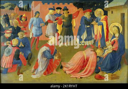 Die Anbetung der Könige (Predella des Tabernakels der Linaioli). Museum: San Marco, Florenz. Autorin: FRA ANGELICO. Stockfoto