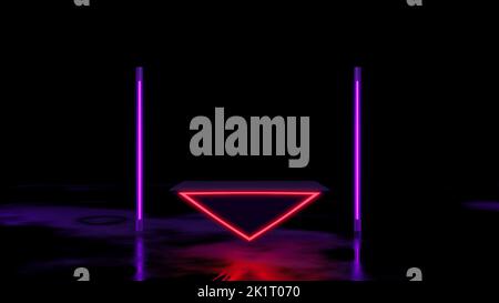 Dreidimensionaler geometrischer Sockel mit Neonlicht auf nassem Boden, leere Bühne für Produktpräsentation, 3D Rendering Stockfoto