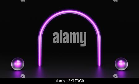 3D abstrakter Hintergrund lila Neon glühende Lichter leeren dunklen Raum, Produktvitrine mit Scheinwerfer, 3D Rendering Stockfoto