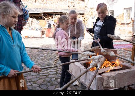 Kinder kochen auf Stöcken Lagerfeuerbrot im Schloss Dundaga, Gemeinde Talsi in der Region Kurland in Lettland Stockfoto