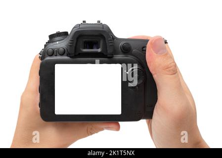 Rückseite der DSLR-Digitalkamera. Kamera mit leerem Bildschirm, isoliert auf weißem Hintergrund Stockfoto