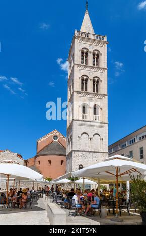 Café vor dem Glockenturm der St. Anastasia Kathedrale in der Altstadt, Zadar, Kroatien Stockfoto