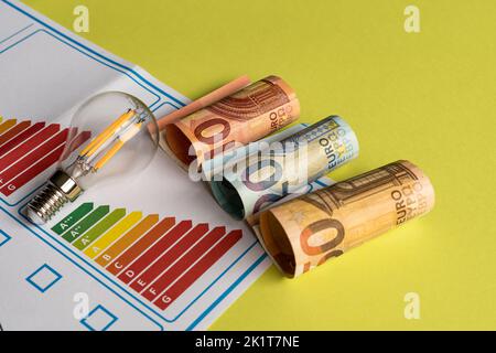 Konzept der Energieeffizienz übersetzt in die Kosten in Rechnungen, die die Verbesserung der elektrischen Geräte des Hauses auf grünem Hintergrund darstellt Stockfoto