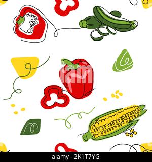 Vektormuster Gemüse. Eine kontinuierliche Linie Kunst Zeichnung von Gemüse Muster mit Paprika, Mais, Zucchini für Küche oder Café Dekoration Stock Vektor