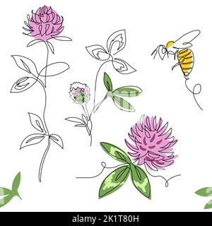 Kleeblüten Vektor-Muster mit Biene. Eine kontinuierliche Linie Kunst Zeichnung Wiese Muster mit Kleeblatt Blumen Stock Vektor