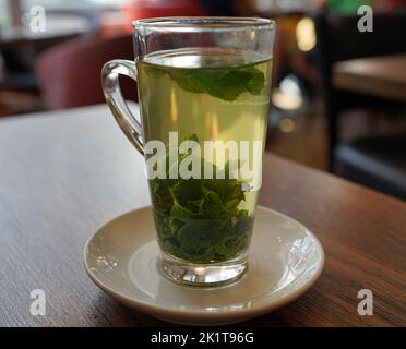 Transparentes Glas mit heißem, frischem Minztee in einem Restaurant in Detmold, Deutschland Stockfoto