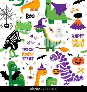 Niedliches Dinosaurier-Nahtloses Muster mit Spinnennetz für Halloween. Dinosaurier, Kürbisse, Spinne, Geist, Kostüme, spinne, Süßigkeiten lustig von Hand gezogener Doodle, te Stock Vektor