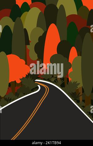 Straße durch den Wald. Vektordarstellung des Herbstbeginns Stock Vektor