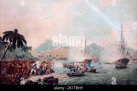 Tod von Captain Cook auf Hawaii.Blick auf Owhyhee auf den Sandwichinseln in der Südsee. Francis Jukes, 1788 Stockfoto