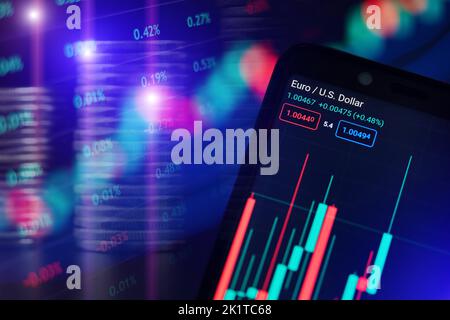 Börsendiagramm von Euro und US-Dollar mit Volumenindikator in einem Smartphone vor dem unscharfen Hintergrund von Grafiken und Münzstapeln Stockfoto