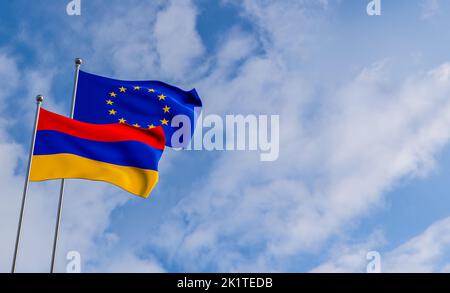 Die Flaggen Armenien und Europa. Blauer Himmel und Flagge Armenien und EU, Freundschaft Armenien und Europäische Union, 3D Arbeit und 3D Bild Stockfoto