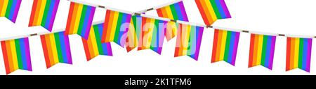 LGBT-Girlande. Regenbogenfarben Wimpel Kette. Party-Ammer Dekoration. Feiersteine für ein stolzes Dekor. Fußzeile und Banner-Hintergrund Stock Vektor