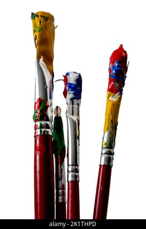 Schmutziger Pinsel mit Acrylfarbe bedeckt isoliert auf weißem Hintergrund mit Clipping Pfad Ausschnitt Konzept für Ölmalerei Technik, künstlerisch kreativ Stockfoto