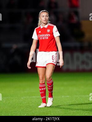 Leah Williamson von Arsenal beim ersten Beinspiel der UEFA Women's Champions League in der zweiten Runde im LV Bet Stadium Meadow Park, London. Bilddatum: Dienstag, 20. September 2022. Stockfoto