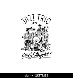 Jazzband. Sänger mit Mikrofon, Gitarrist und Schlagzeuger. Das Trio spielt Instrumente. Handgezeichnetes Logo oder Abzeichen. Skizze. Doodle-Vektor-Illustration. Stock Vektor