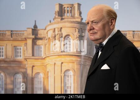 Lebensgroße Wachsstatue von Winston Churchill im Museum im Blenheim Palace in Woodstock, Oxfordshire Stockfoto