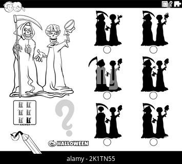 Schwarz-Weiß-Cartoon-Illustration der Suche nach dem Schatten ohne Unterschiede Lernspiel mit grimmigen Reaper und Skelett-Charaktere an Halloween Stock Vektor