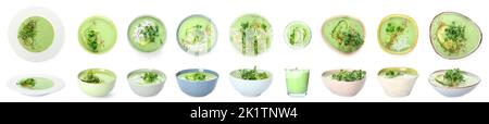 Collage aus grüner Gazpachosuppe in Schüsseln auf weißem Hintergrund Stockfoto