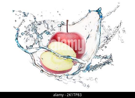 Frische rote Äpfel und Wasserspritzer auf weißem Hintergrund Stockfoto