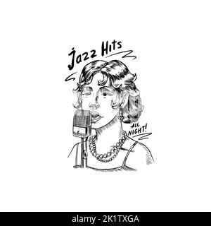 Eine Jazzsängerin singt in ein Mikrofon. Handgezeichnetes Logo oder Abzeichen. Skizze. Doodle-Vektor-Illustration. Stock Vektor