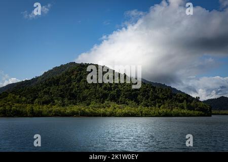 Wunderschöne Tropcial Island mit einem üppigen grünen Hügel und blauem Wasser in Queensland, Australien Stockfoto