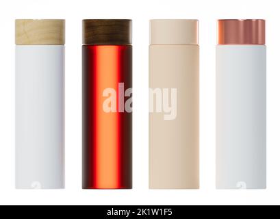 Vier verschiedene Shampoo-Flaschen, Kunststoff und Glas kosmetische Verpackung sortiert Set 3D rendern isoliert auf weißem Hintergrund Stockfoto