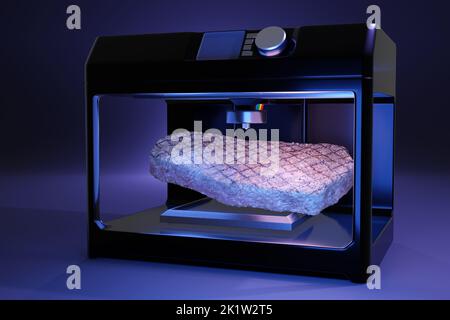 3D Drucker druckt ein essbares Steak. Illustration des Konzepts einer futuristischen und nachhaltigen Lebensmittellösung Stockfoto