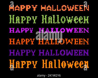 Happy Halloween Text Pixel Art Stil. Pixelschriftensatz. Festliches Banner mit Text im Stil eines 8-Bit-Videospiels vom 80s - 90s. Design für Stock Vektor