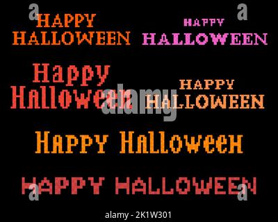 Happy Halloween Text Pixel Art Stil. Pixelschriftensatz. Festliches Banner mit Text im Stil eines 8-Bit-Videospiels vom 80s - 90s. Design für Stock Vektor