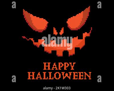 Happy Halloween unheimlich Kürbis Gesicht Pixel Art Stil. Böse gruselige Augen in einen Kürbis geschnitzt. Retro 8-Bit-Videospiel der 90s im Jahr 2D. Design für Spiele, AP Stock Vektor