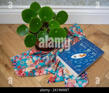 Das Buch „The Life of Pi“ von Yann Martel neben einer pilea-Pflanze in einem Topf und einem japanischen Blumentuch Stockfoto