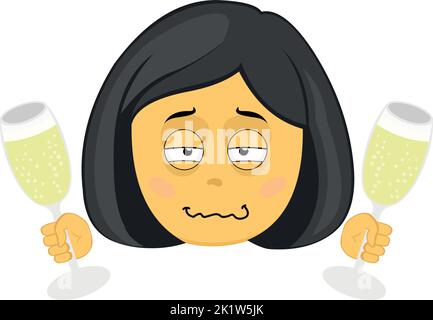 Vector Emoji Illustration einer betrunkenen gelben Cartoon-Frau mit Gläsern Champagner oder Apfelwein in ihren Händen Stock Vektor