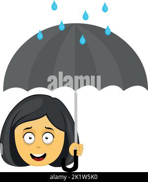 Vektor-Emoji-Illustration einer gelben Cartoon-Frau mit einem Regenschirm in der Hand und Regentropfen Stock Vektor