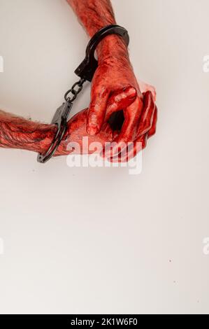 Blutige männliche Hände in Handschellen, gefaltet auf einem weißen Tisch. Stockfoto