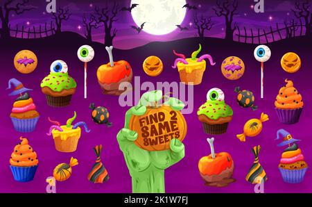 Finde zwei gleiche Halloween-Süßigkeiten, Kekse und Kuchen. Objekte vergleichen Kinder Puzzle, gleiche Bild finden Spiel Vektor Arbeitsblatt mit Cupcake Gebäck, Apfel und Cookie, Lollypop Süßigkeiten Halloween gruselige Leckereien Stock Vektor