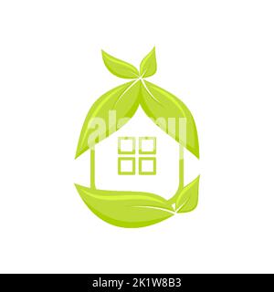 Green Smart House natürliche sparen Planeten Energie flach. Modernes Logo Unternehmen Herstellung von natürlichen Dingen für zu Hause Inneneinrichtung Elektronik Solarenergie Null Abfall Produktion einfaches Haus linear belaubt isoliert Stock Vektor