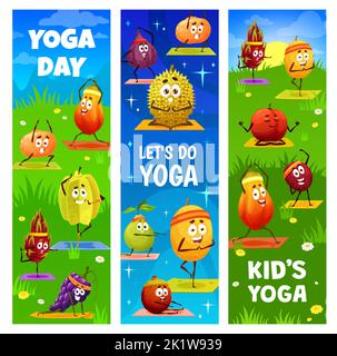 Kinder Yoga, Yoga-Tag und Pilates Fitness mit Cartoon tropischen Früchten Figuren. Orange, Papaya und Karambola, Drachenfrucht, Traube und Feige, Durian, Guaven und Litschi-Persönlichkeiten machen Übungen Stock Vektor