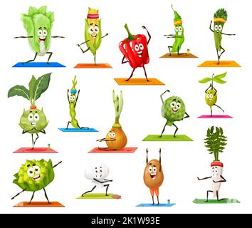 Cartoon Gemüsefiguren auf Yoga und Pilates Fitness-Sport. Vector Sportler Zwiebel, Kartoffeln, Paprika und Radieschen, Oliven, Bohnen und Blumenkohl mit Champignon oder Kohlrabi Gemüse gesundes Leben Stock Vektor