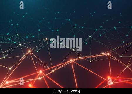 High-Tech und Cyber Neon glühenden Netzwerk von Knoten. 3D Abbildung als Hintergrundvorlage Stockfoto