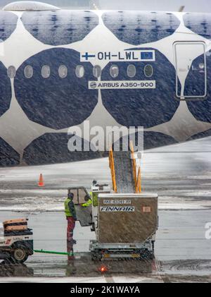 HELSINKI, FINNLAND, 15 2022. FEBRUAR, Verladen des Gepäcks auf das Flugzeug bei starkem Schneefall Stockfoto