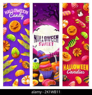 Cartoon Halloween Süßigkeiten, Süßigkeiten und Desserts. Halloween Feiertagsfeier vertikalen Banner oder Vektor-Hintergrund mit Halloween gruselige Gelee Bonbons, Cupcakes Gebäck und süße Finger, Kekse Leckereien Stock Vektor